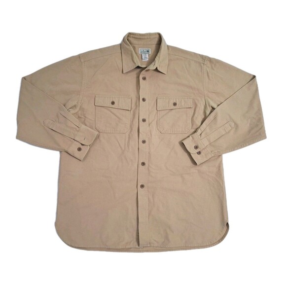 LL Bean Men's Large Chamois Cloth Flannel Button Down Shirt Khaki Tan MT03 - Picture 1 of 8